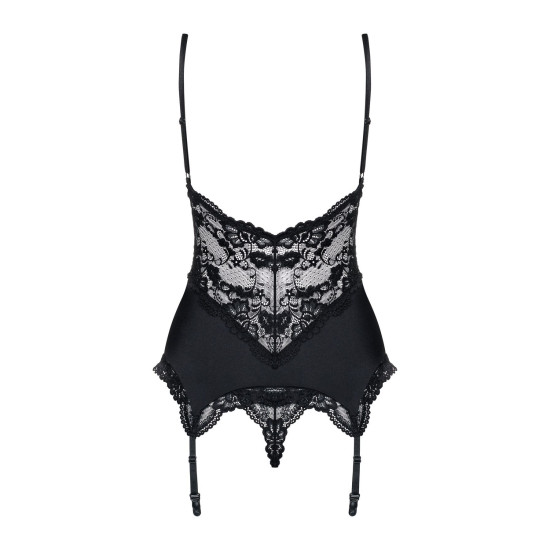 Сатиновый кружевной корсет с танга, чёрный Obsessive 810-COR-1 Babydoll & Thong Black, L/XL