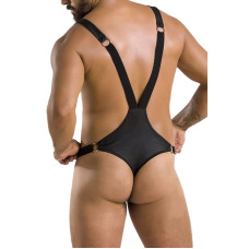Чоловіче боді з люверсами з екошкіри на лямках, чорне Passion 028 Harry Black, XXL/XXXL
